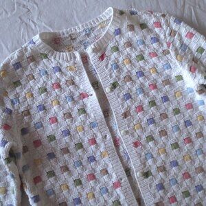 Nordstrom Cotton Ramie White Pastel Squares Geometric Intarsia Knit Cardigan